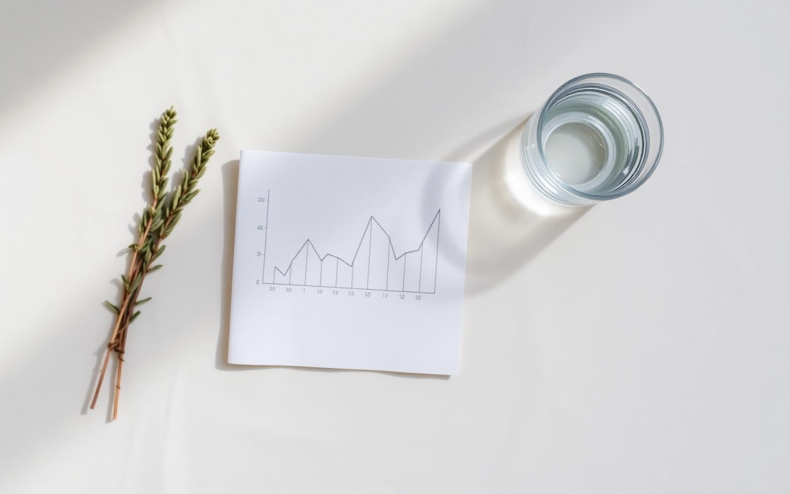 A still life of a chart, water glass, and dried sage